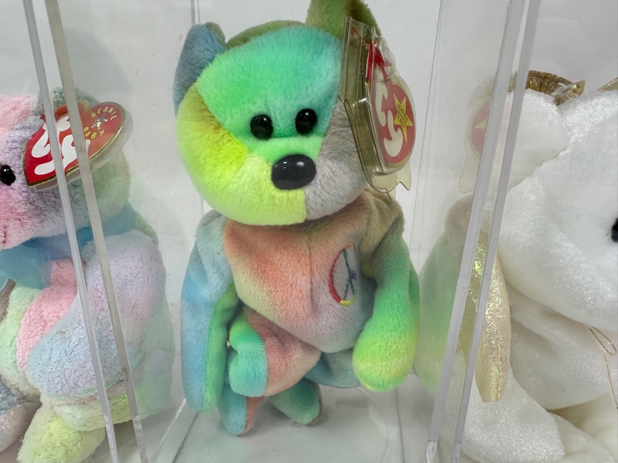 (5) Beanie Baby Collection Featuring: Princess Diana Bear, 'The End' Bear, Mellow The Bear, Peace Bear & Halo The Angel Bear - All With Ty Heart Tags And Acrylic Display Cases [Photo 4]