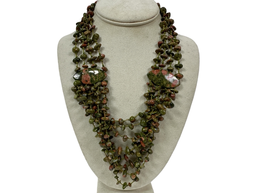 18' Statement Necklace Featuring Unakite Beads And Pendants