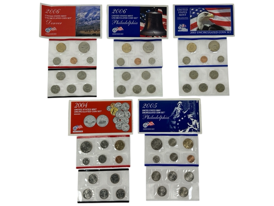 (5) United States Mint Uncirculated Coin Sets: 2003 P, 2004 D, 2005 P, 2006 D & 2006 P