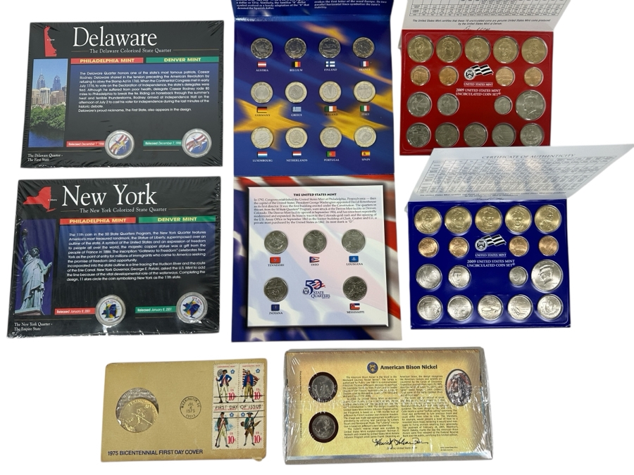 Coin Collection: (2) U.S. Mint 2009 Uncirculated Coin Sets, (1) Uncirculated State Quarters & Euro Coin Collection, (1) Uncirculated American Bison Nickel Set, (1) 1975 Bicentennial First Day Cover With Coin & Uncirculated State Quarters From NY & DE