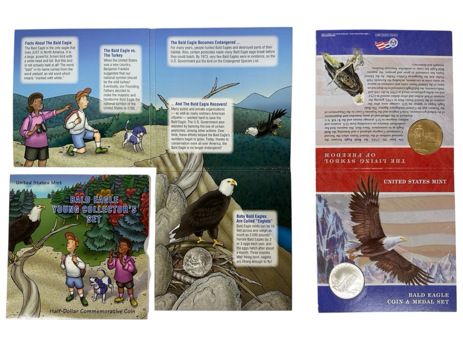 (1) 2008 United States Mint Uncirculated Bald Eagle Commemorative Silver Dollar Coin And Medal Set And (1) Bald Eagle Young Collector's Set Featuring A Half-Dollar Commemorative Coin