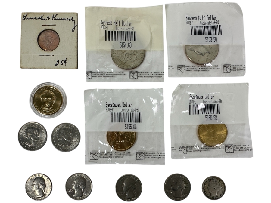 Various Coins Including Uncirculated Kennedy Half Dollars: 2003 D & 2003 P, (2) 1979 Susan B. Anthony Dollars, (1) 2009 Zachary Taylor Presidential $1 Coin, (2) Bicentennial Quarters & (1) 1910 Liberty Head V Nickel