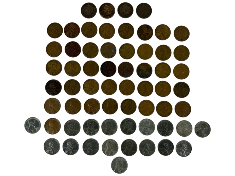 (4) Indian Head Cent Pennies & (59) Wheat Cents Lincoln Pennies Of Various Years - See Photos