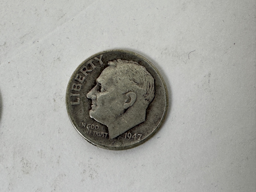 Silver Coins: (2) Liberty Standing Silver Half Dollars: 1941 & 1942, (2) Silver Quarters: 1943 & 1952, (3) Silver Roosevelt Dimes: 1947, 1964 & 1951 & (1) 1942 S Silver Nickel [Photo 9]