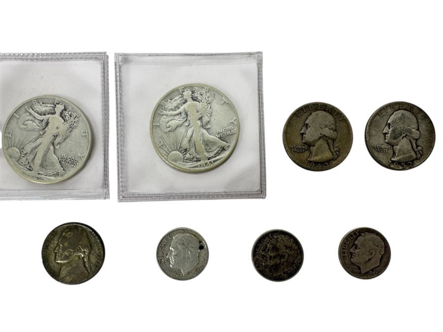 Silver Coins: (2) Liberty Standing Silver Half Dollars: 1941 & 1942, (2) Silver Quarters: 1943 & 1952, (3) Silver Roosevelt Dimes: 1947, 1964 & 1951 & (1) 1942 S Silver Nickel