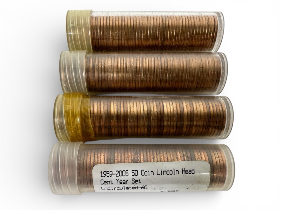 (4) Uncirculated Rolls Of Lincoln Pennies: (1) 1970 S, (1) 1971 S, (1) 1973 S And (1) 1959-2008 50 Coin Lincoln Head Cent Year Set
