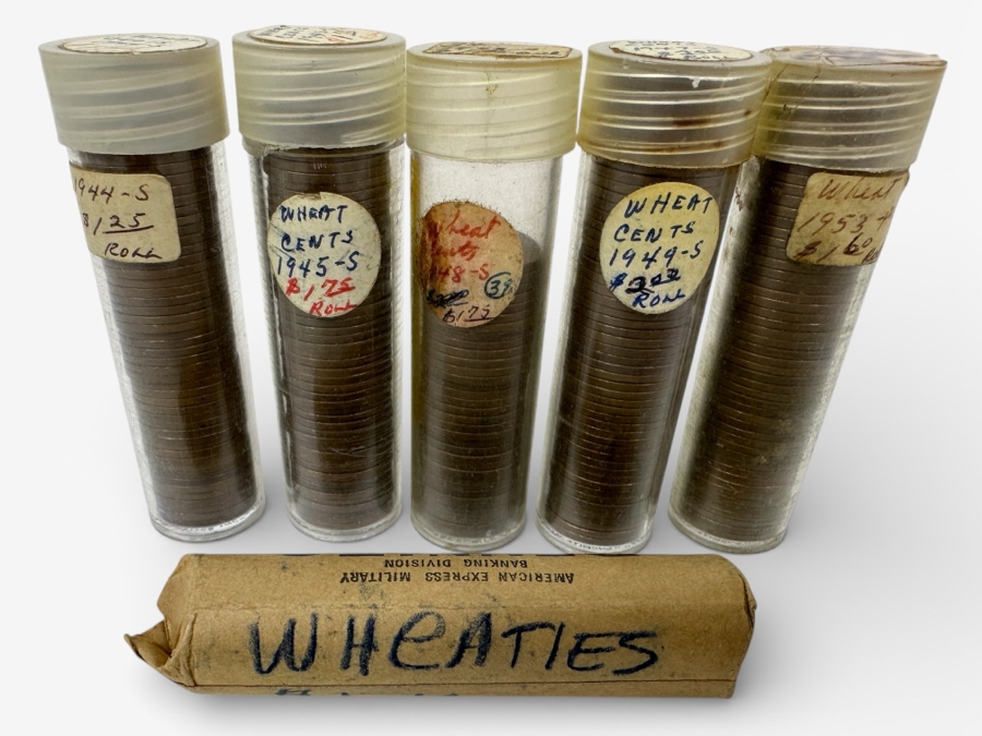 (6) Collection Of Rolls Of Wheat Cents Lincoln Pennies From 1944 S, 1945 S, 1948 S, 1949 S, 1953 P And Roll Of Unknown Years