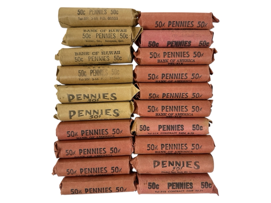 (20) Rolls Of Vintage Pennies Of Various Years Including 50s, 60s, 70s & 80s - Some From The Bank Of Hawaii