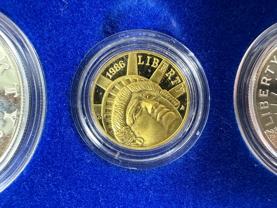 1986 Mint United States Liberty Coins: (1) 1986 Liberty Gold Five Dollar Coin (.900 Fine Gold / .269 Troy Oz), (1) 1986 Liberty Silver Dollar Coin (.900 Fine Silver / .86 Troy Oz) & (1) 1986 Liberty Half Dollar Coin [Photo 4]