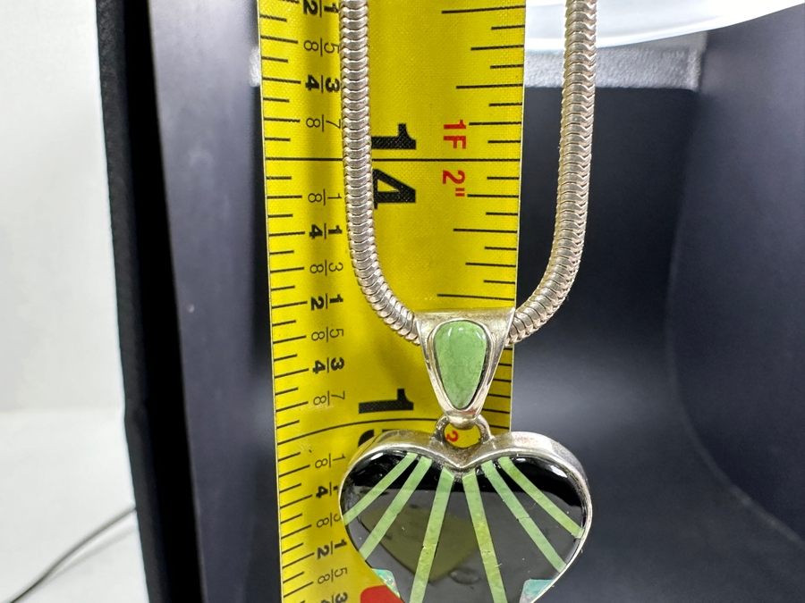 Calvin Begay Sterling Navajo Inlaid Turquoise Opal Pendant With 29' Sterling Silver Chain Necklace 30.9g [Photo 9]