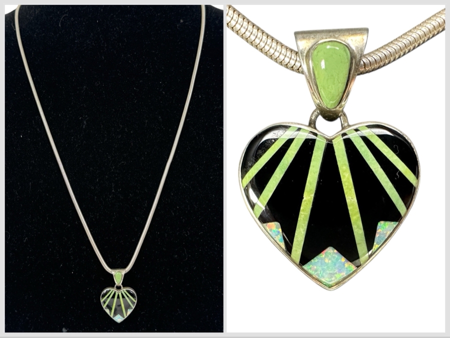 Calvin Begay Sterling Navajo Inlaid Turquoise Opal Pendant With 29' Sterling Silver Chain Necklace 30.9g