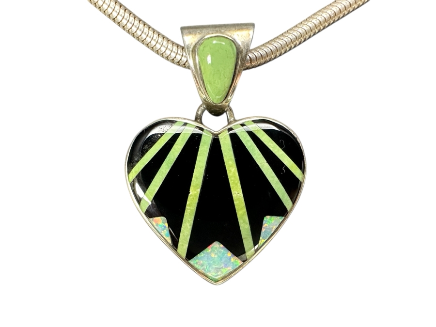 Calvin Begay Sterling Navajo Inlaid Turquoise Opal Pendant With 29' Sterling Silver Chain Necklace 30.9g [Photo 2]