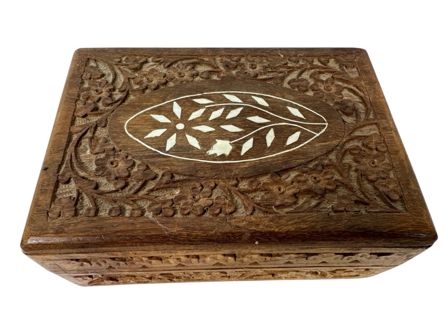 Hand Carved Wooden Indian Box With Inlaid Bone 7W X 5D X 2.75H