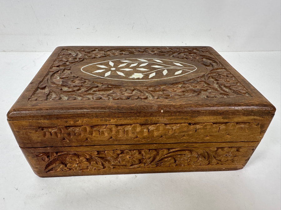 Hand Carved Wooden Indian Box With Inlaid Bone 7W X 5D X 2.75H [Photo 3]