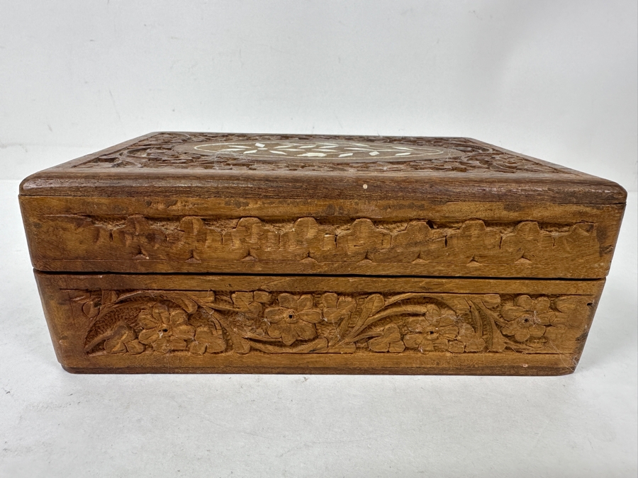 Hand Carved Wooden Indian Box With Inlaid Bone 7W X 5D X 2.75H [Photo 4]