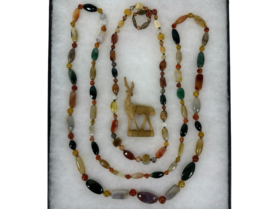 Pair Of Multi-Stone Necklaces And Carved Wooden Deer Figurine