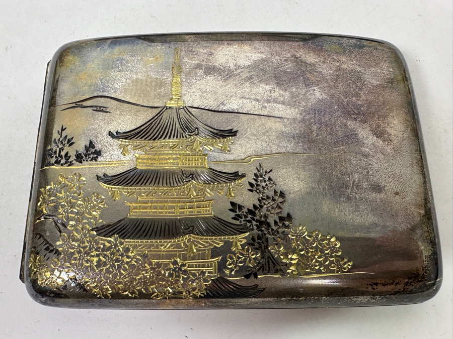 Vintage Japanese Etched Sterling Silver Cigarette Case Signed Underneath With Original Box Weighs 139g [Photo 3]