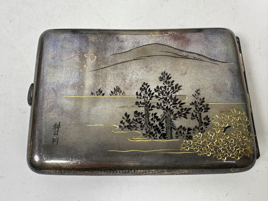 Vintage Japanese Etched Sterling Silver Cigarette Case Signed Underneath With Original Box Weighs 139g [Photo 5]