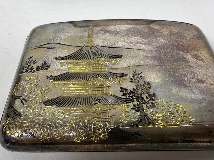 Vintage Japanese Etched Sterling Silver Cigarette Case Signed Underneath With Original Box Weighs 139g [Photo 4]