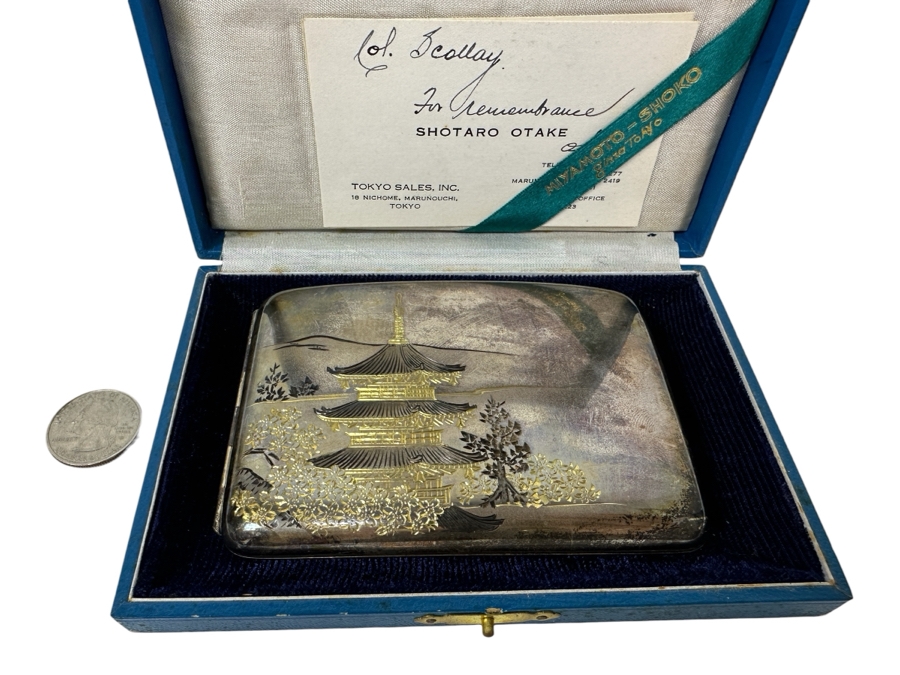 Vintage Japanese Etched Sterling Silver Cigarette Case Signed Underneath With Original Box Weighs 139g [Photo 2]