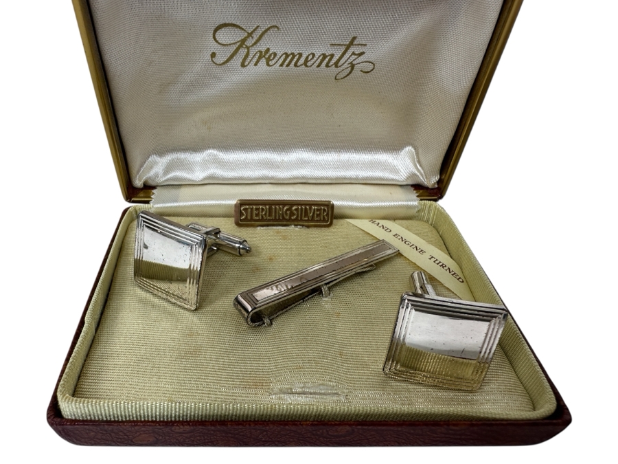 Vintage New Old Stock Sterling Silver Krementz Tie Clip And Cufflinks Set [Photo 2]