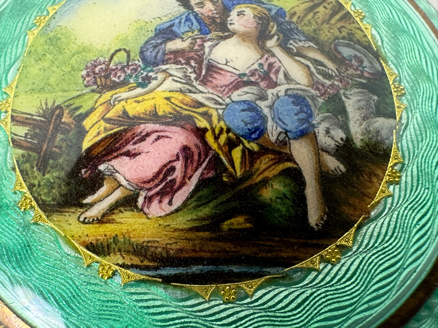 Antique Hand Painted Guilloche Enamel Sterling Silver Powder Compact Box Made In Austria 2'W 43.1g [Photo 3]