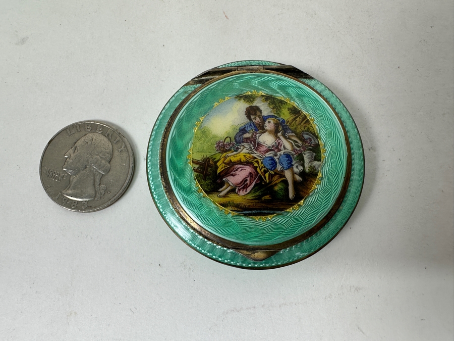 Antique Hand Painted Guilloche Enamel Sterling Silver Powder Compact Box Made In Austria 2'W 43.1g [Photo 14]