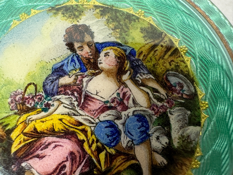 Antique Hand Painted Guilloche Enamel Sterling Silver Powder Compact Box Made In Austria 2'W 43.1g [Photo 5]
