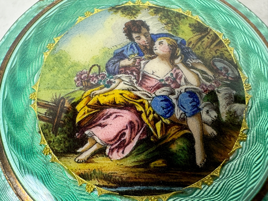 Antique Hand Painted Guilloche Enamel Sterling Silver Powder Compact Box Made In Austria 2'W 43.1g [Photo 4]
