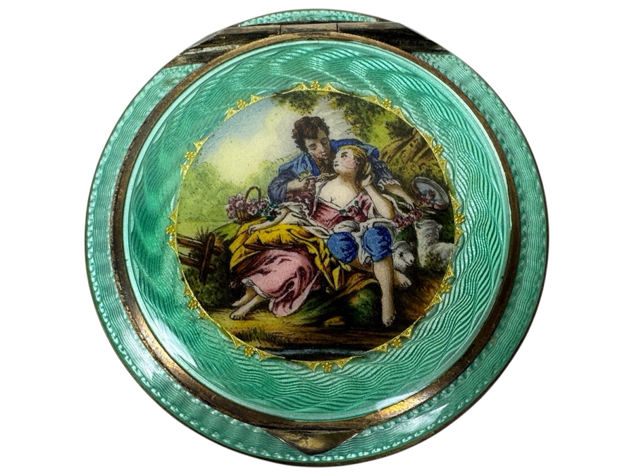 Antique Hand Painted Guilloche Enamel Sterling Silver Powder Compact Box Made In Austria 2'W 43.1g