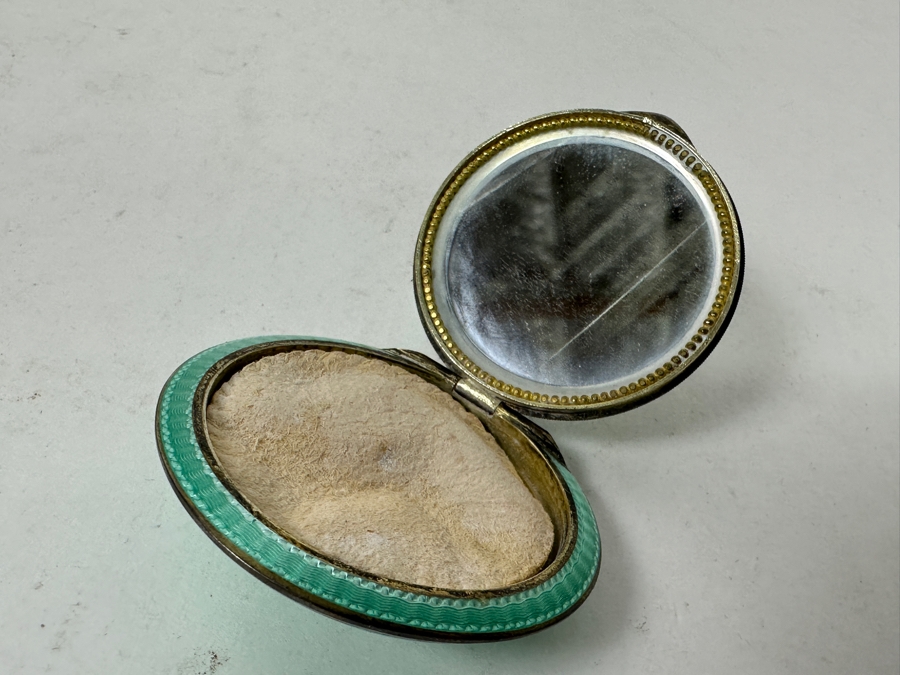 Antique Hand Painted Guilloche Enamel Sterling Silver Powder Compact Box Made In Austria 2'W 43.1g [Photo 8]