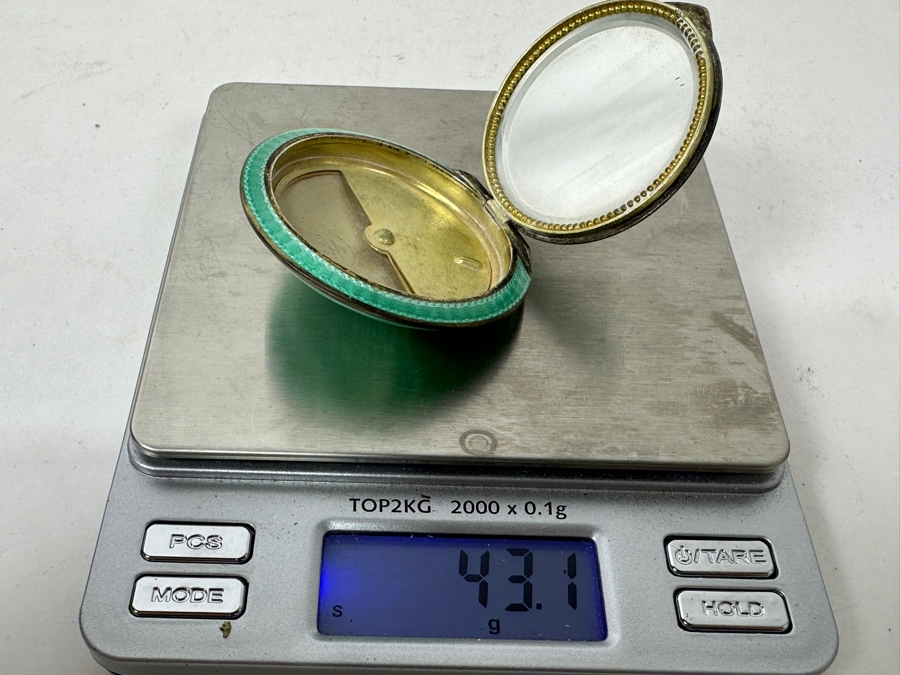 Antique Hand Painted Guilloche Enamel Sterling Silver Powder Compact Box Made In Austria 2'W 43.1g [Photo 13]