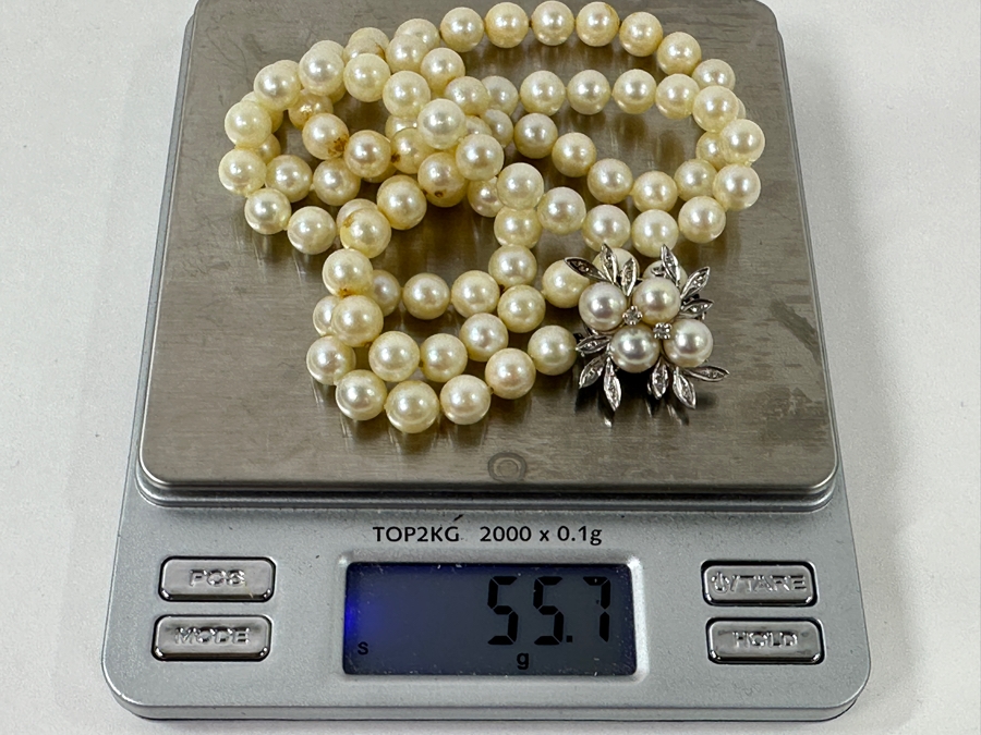 Stunning Single Strand 26' Pearl Necklace With 14k Gold Clasp Accented With Diamonds 55.7g [Photo 9]
