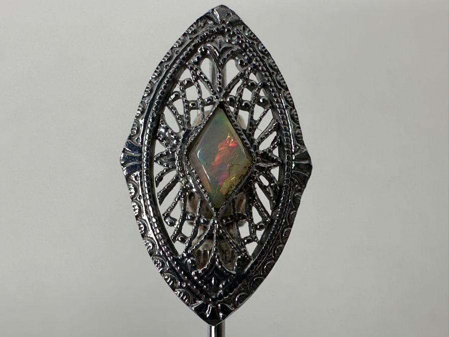 Antique Art Deco 10k White Gold Opal Stick Pin With Box 1.0g [Photo 3]