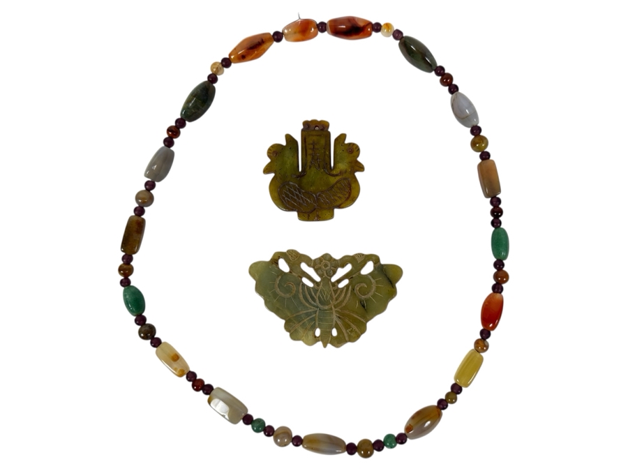Multi-Stone 24' Necklace And Pair Of Vintage Chinese Carved Stone Pendants