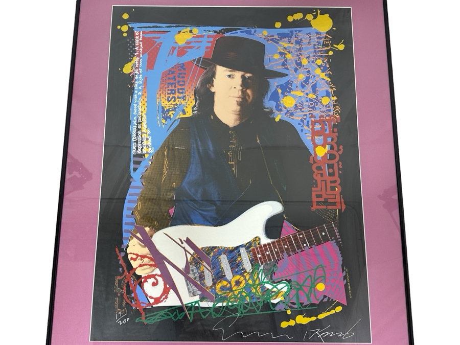 Signed Limited Edition Stevie Ray Vaughan Fender Guitar Lithograph Hand Signed By Artists Robert Knight And Jim Evans Numbered 17 Of 200 1992 Mirage Editions, Inc. Acquired From A Former Fender Guitar Employee 20' X 26.5' Framed 26' X 32.5'