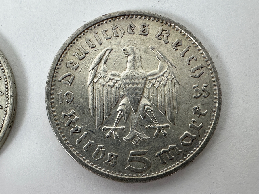 (1) 1935 Silver German 5 Reichsmark Coin, (1) 1960 Silver German 5 Deutsche Mark Coin And Pair Of Silver 1 Peso Mexican Coins [Photo 2]