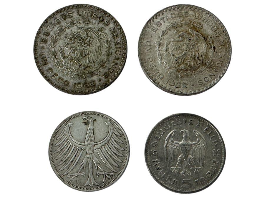 (1) 1935 Silver German 5 Reichsmark Coin, (1) 1960 Silver German 5 Deutsche Mark Coin And Pair Of Silver 1 Peso Mexican Coins