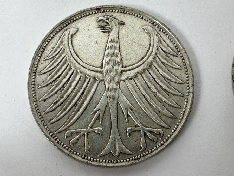 (1) 1935 Silver German 5 Reichsmark Coin, (1) 1960 Silver German 5 Deutsche Mark Coin And Pair Of Silver 1 Peso Mexican Coins [Photo 5]