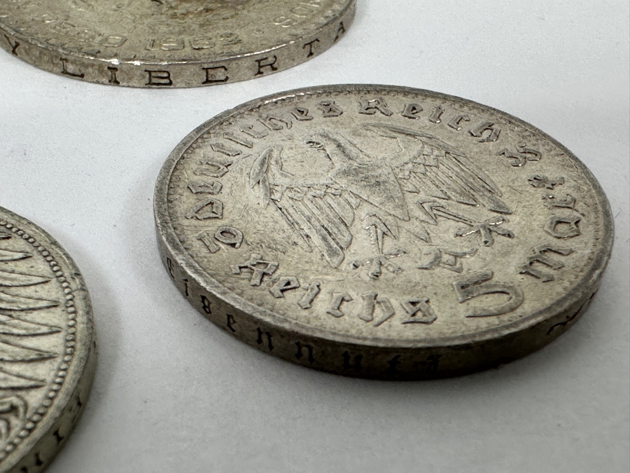 (1) 1935 Silver German 5 Reichsmark Coin, (1) 1960 Silver German 5 Deutsche Mark Coin And Pair Of Silver 1 Peso Mexican Coins [Photo 3]