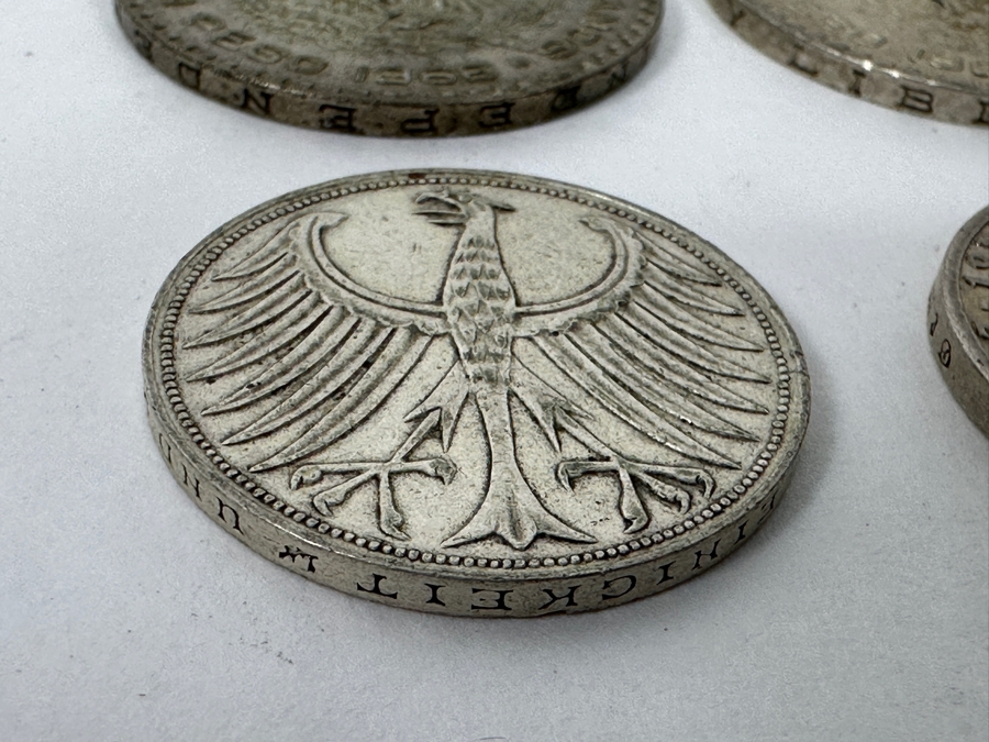 (1) 1935 Silver German 5 Reichsmark Coin, (1) 1960 Silver German 5 Deutsche Mark Coin And Pair Of Silver 1 Peso Mexican Coins [Photo 6]