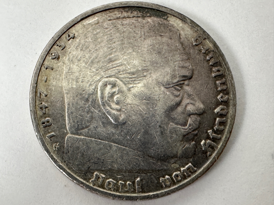 (1) 1935 Silver German 5 Reichsmark Coin, (1) 1960 Silver German 5 Deutsche Mark Coin And Pair Of Silver 1 Peso Mexican Coins [Photo 4]