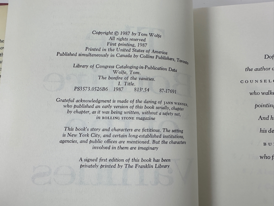 Vintage 1987 First Printing Hardcover Book The Bonfire Of The Vanities By Tom Wolfe [Photo 5]