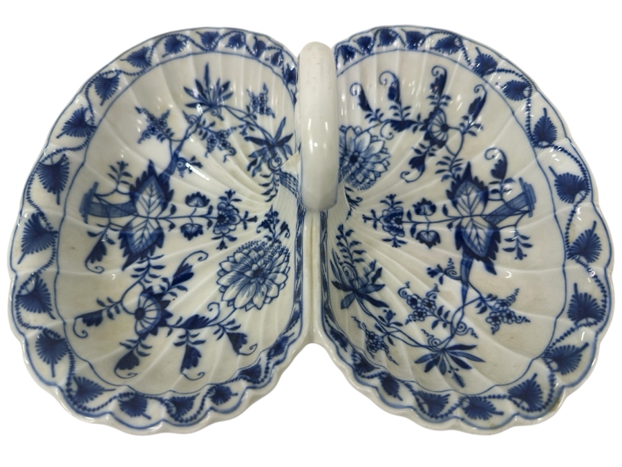 Meissen Germany Blue Onion Hand Painted Porcelain Double Tidbit Dish/Serving Tray with Handle 11'W x 9'D x 4'H