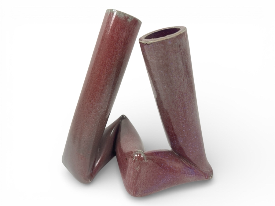 Mid-Century Modern Studio Pottery Zigzag Tube Vase Signed Underneath 8'W X 8'H