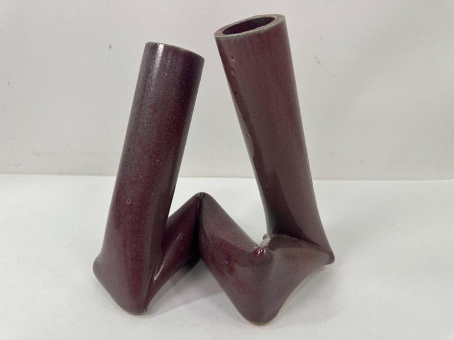 Mid-Century Modern Studio Pottery Zigzag Tube Vase Signed Underneath 8'W X 8'H [Photo 2]