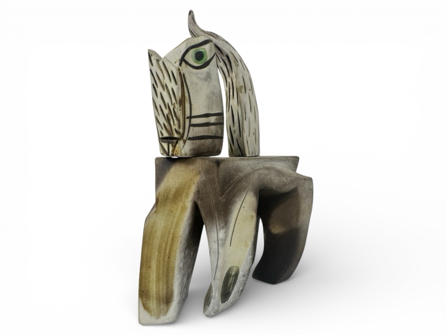 Signed Abstract Pottery Cat Figurine 4.5'W X 7.25'H