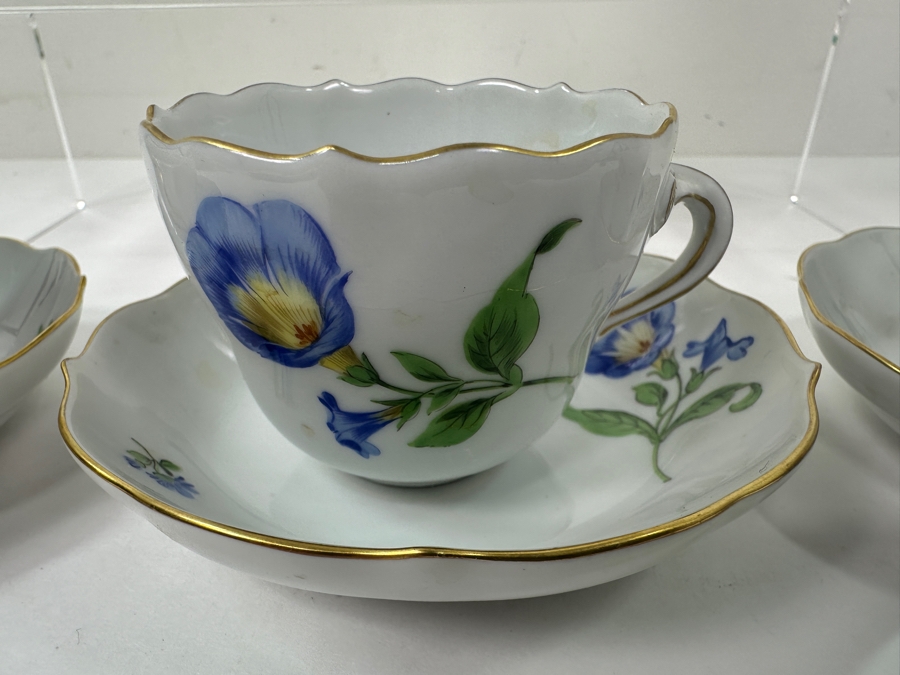 (3) Meissen Germany Flower Hand Painted Porcelain Cups (2'H), (3) Saucers (4.5'W) and (1) Serving Dish (7.5'W x 6'D x 1.5'H) [Photo 3]