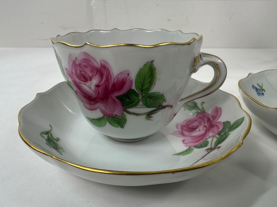 (3) Meissen Germany Flower Hand Painted Porcelain Cups (2'H), (3) Saucers (4.5'W) and (1) Serving Dish (7.5'W x 6'D x 1.5'H) [Photo 4]