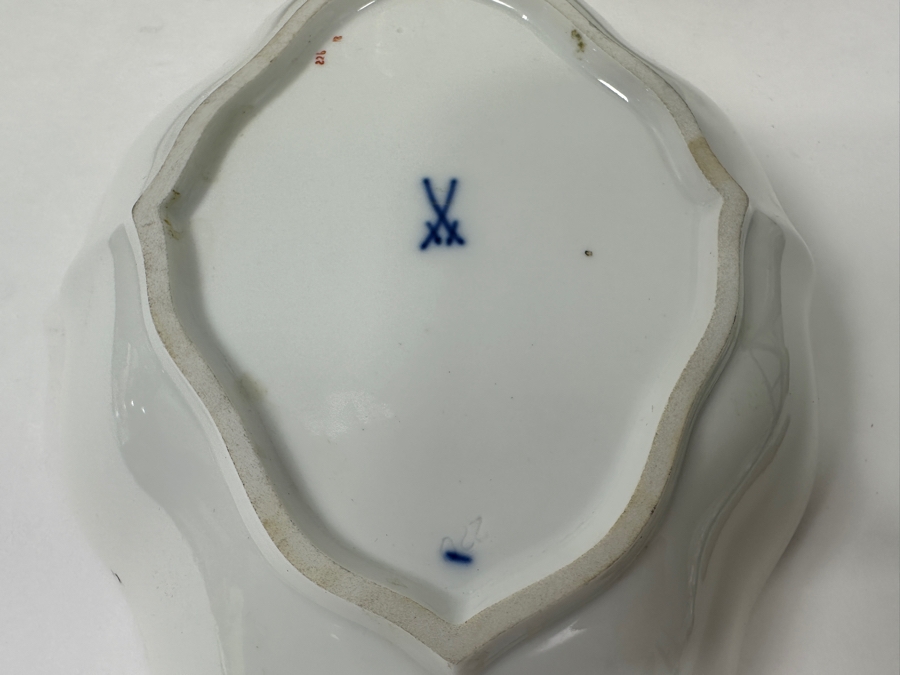 (3) Meissen Germany Flower Hand Painted Porcelain Cups (2'H), (3) Saucers (4.5'W) and (1) Serving Dish (7.5'W x 6'D x 1.5'H) [Photo 8]